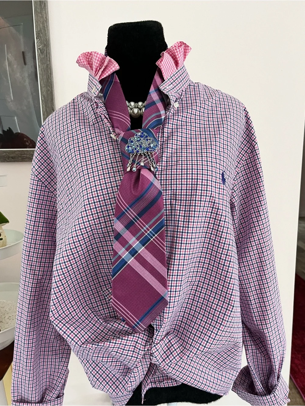 Reworked Ralph Lauren Pink and Blue Gingham Button-Down Ruffle Collar - Picture 8 of 9